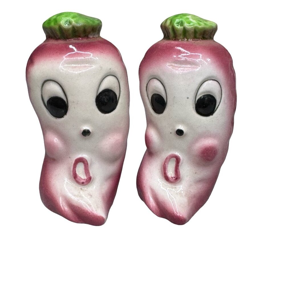 Vintage Anthropomorphic Radish Carrot Salt & Pepper Shakers Ceramic Pink Green